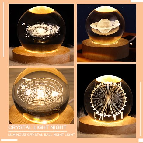 Crystal Ball Night Light - Wooden Base - USB Rechargeable - Warm White LED - Solar System 3D Engraved - 1 Piece (1/5)
