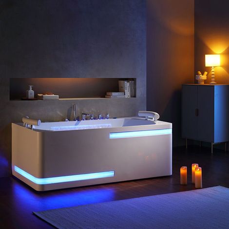 Distribain – Baignoire balnéo rectangulaire 180x88x72cm – 68 jets hydromassants – Éclairage LED – 2 places – Acrylique renforcé