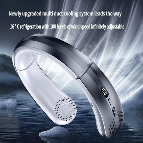 Ventilador de Cuello Inalámbrico con Enfriamiento Cerámico, 5000mAh, 100 Velocidades y Pantalla LED – Silencioso para Oficina y Exterior (1/3)