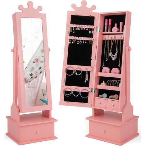 Armoire à Bijoux 2 en 1 Enfant Miroir Plein Pied Inclinable Rangement avec Tiroirs pour Fille dès 3 Ans Couronne Rose (1/5)