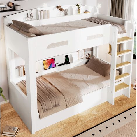 Litera 90x200 cm blanca de madera maciza y MDF con puerto USB y estantes laterales (1/5)