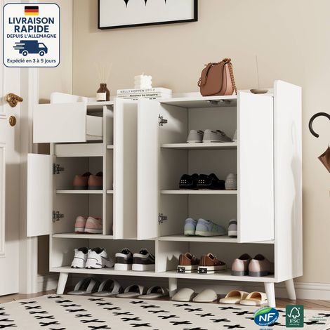 Meuble à chaussures d'entrée avec 1 tiroir, étagère réglable, aggloméré, blanc, 120x35x99 cm 4 portes (1/5)