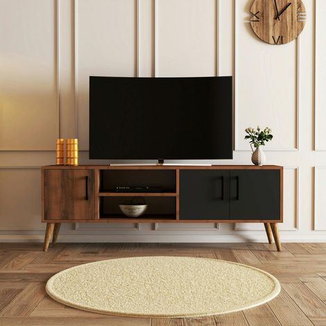 Meuble TV vintage décor bois foncé 2 portes grises UMEA (1/5)
