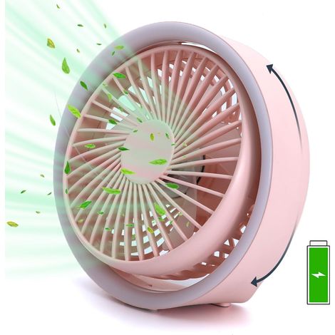 Ventilateur de bureau compact de 13,5 cm avec lumière d'ambiance et crochet, batterie rechargeable USB 3000 mAh, 3 vitesses, rotation à 180°, portable et puissant, idéal pour la maison, le bureau et l (1/5)