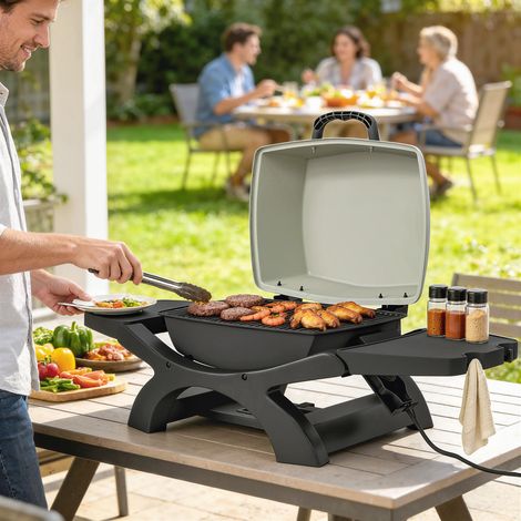 Gril électrique de table 2300 W, 23 x 71 cm, portable, avec grilles antiadhésives et bac récupérateur de graisse.