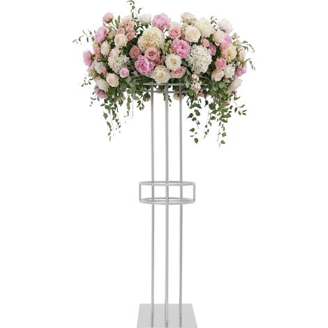 Présentoir à Fleurs de Mariage à Deux Niveaux Support Colonne en Métal Centre de Table Vase pour Mariage, Noel, Anniversaire, Ceremonie (133 cm Hauteur, Argent) (1/5)