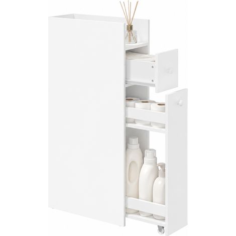 Meuble de salle de bain gain de place, blanc, 3 niveaux avec tiroirs et roulettes (1/5)