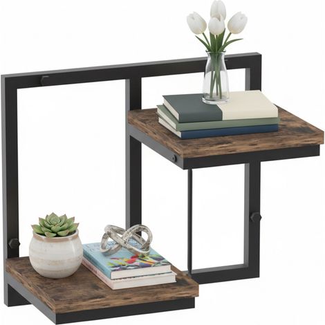Relaxdays mensola sospesa stile industriale, metallo/legno, HxLxP: 29x32,5x19 cm, 2 ripiani, nero/marrone