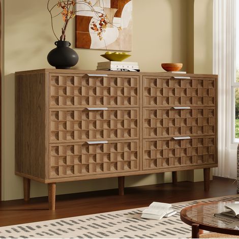 Credenza contenitore effetto rovere per soggiorno, 6 cassetti, design retrò, maniglie in metallo, 120x37x77 cm (1/5)