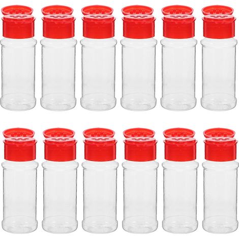 Lot de 12 salières en plastique, pots à épices polyvalents au design transparent, flacons à épices de 100 ml pour le rangement en cuisine (1/5)