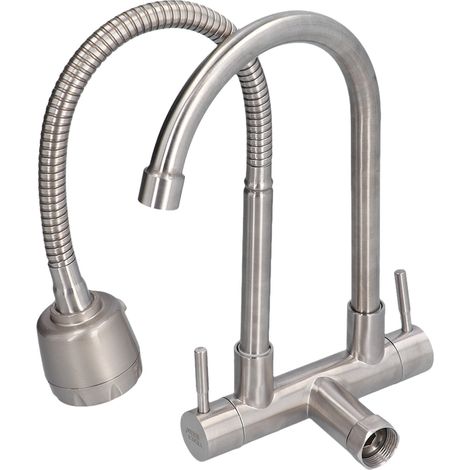 Robinet d'évier mural double tête en acier inoxydable G1/2, rotation à 360°, pour cuisine, eau froide (1/5)