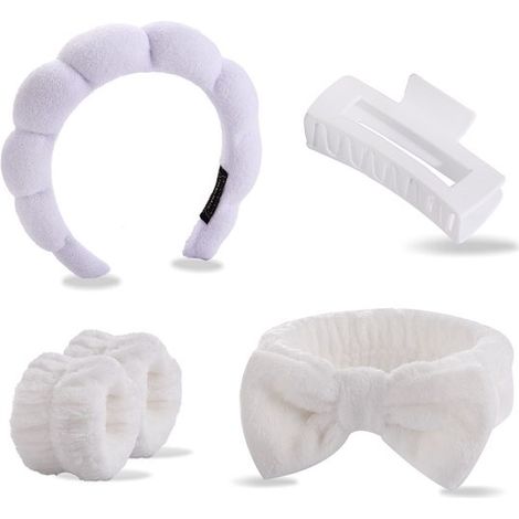 Ensemble de bracelets en tissu éponge doux pour le lavage du visage, bandeau antidérapant, serre-tête, pince à cheveux, idéal pour le maquillage et les soins de la peau, blanc (1/5)
