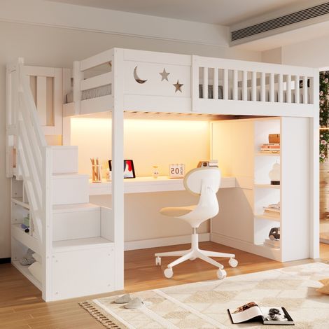 MODFU – Lit mezzanine enfant 90x200 cm pin/MDF – Bureau, LED, prises et rangements – Échelle et charge 120 kg – Chambre – Blanc (1/5)