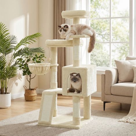 Arbre pour Chat avec 3 Plateformes, Maison et Panier, Griffoir, pour Salon, Hauteur 136 cm, Beige (1/5)