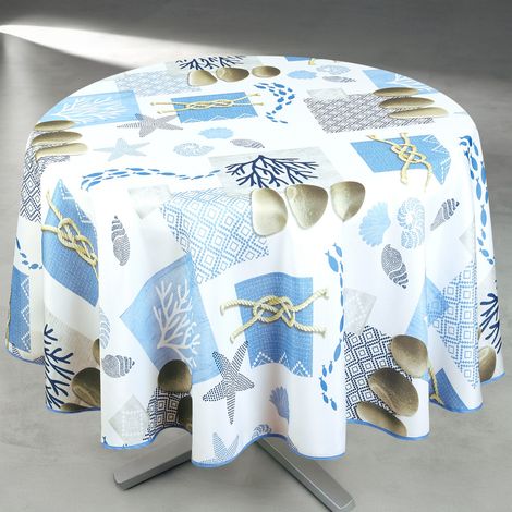 Nappe anti-tâche ronde motif bord de mer Blanc 160x160 cm