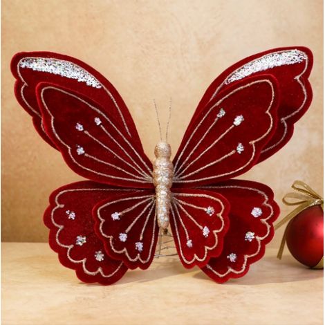 Papillon décoratif velours bordeaux 40×35 cm, ornement de Noël à paillettes pour sapin et déco de table (1/3)