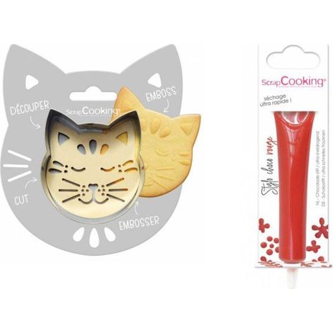 Kit pour biscuit en relief Chat + Stylo au chocolat rouge