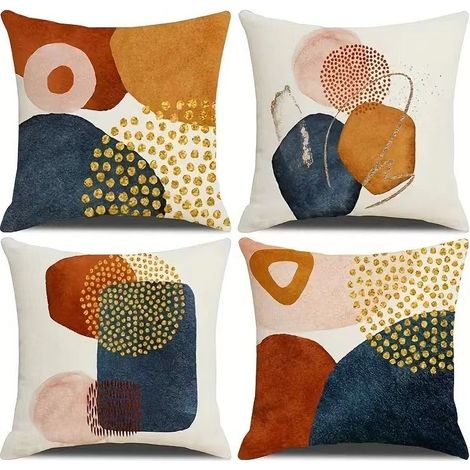 4 Taies d'oreiller 45x45cm, motif abstrait géométrique, lin naturel, fermeture éclair discrète, décoration intérieure moderne (1/5)