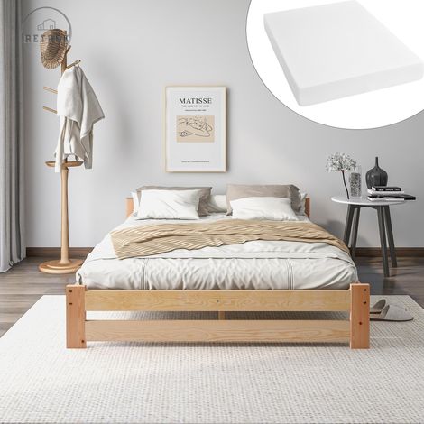 （Avec matelas）Lit futon en bois massif massif lit en bois massif naturel avec tête de lit et sommier à lattes, naturel (140200cm)