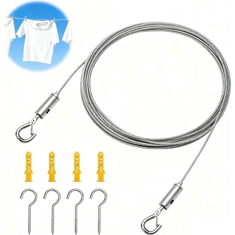 2mm 6M Stainless Steel Cable Kit with Adjustable Tensioner and Hooks, Outdoor Clothesline, Curtain Cable, Outdoor Climbing Plant Cable, Shade Sail Fixing Kit (1/5)