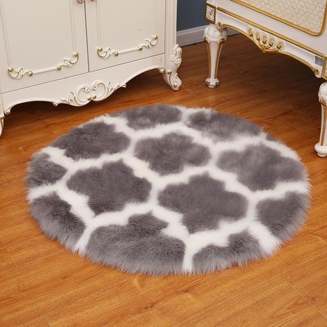 Kunstfellteppich, Wohnzimmerteppich, Yogamatte, Fußmatte, 60 cm Durchmesser (grau).