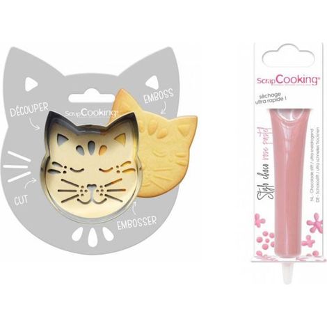 Kit pour biscuit en relief Chat + Stylo au chocolat rose pastel
