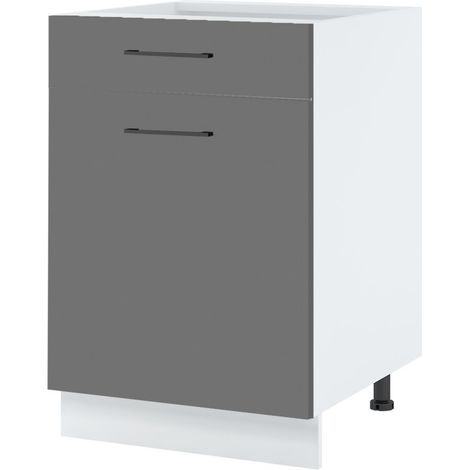 Meuble bas de cuisine Lovia Gris Mat 1 porte 1 tiroir L 60 cm -  Porte avec poignée apparente Coulisses tiroir sans amortisseur Grey