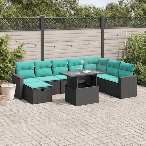 9-teiliges Gartensofa-Set mit Kissen, schwarzes Polyrattan (1/5)