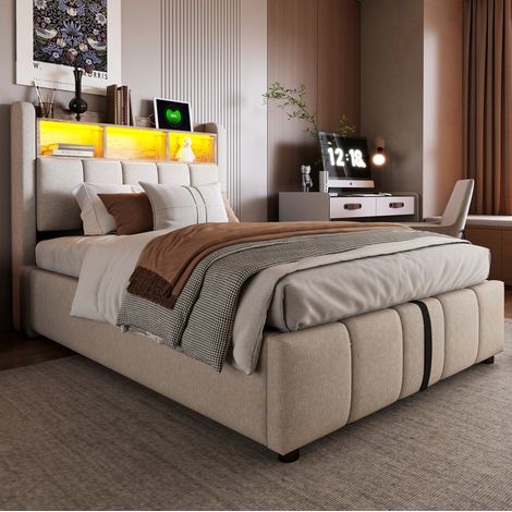 Polsterbett 90200cm mit LED-Beleuchtung und USB-Anschluss, Kopfteil mit Ablageflächen und Stauraum, mit hydraulischem Stauraum, Kindereinzelbett, Leinen Beige(Mit Matratze ausgestattet) (1/5)