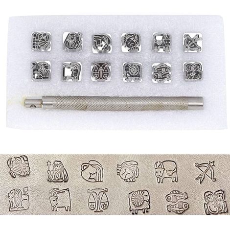 Lettre à Frapper, Outil de poinçonnage, poincon Metal a Frapper, 12 pièces en Cuir Artisanat en alliage de zinc estampage Outil de poinçonnage en Cuir et 1 poignée pour métal, Bois, Lettre