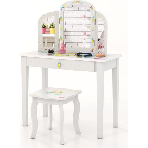 COSTWAY Tocador de Maquillaje Niña, Set de Mesa de Tocador y Silla para Niñas con Espejo de Tres Paneles, Cajón de Almacenamiento, Mesa de Tocador 2 en 1 con Espejo Desmontable para Niñas de 3+ Años (1/5)