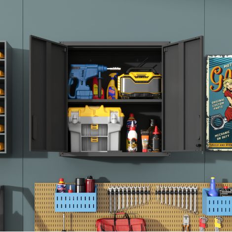 Metall-Wandschrank mit abschließbaren Türen, verstellbarer Ablage, 75 x 30 x 77 cm, Schwarz OKMYHOME (1/5)