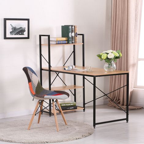 Designetsamaison – Bureau droit en bois MDF noir 120x60cm – Structure métal rétro avec étagères intégrées – Pour espace de travail moderne (1/3)