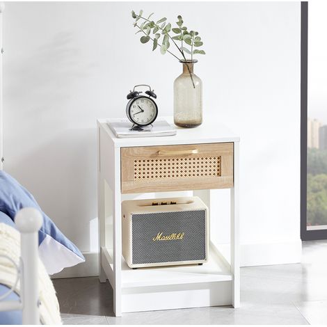 REDOM - Mesita de noche con cajón, diseño versátil, guías de deslizamiento suaves, MDF, natural y blanco (1/5)