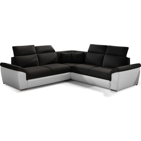Canapé d'angle réversible et convertible bi-matières Neo - Pieds acier chromé-Blanc/Noir (1/5)