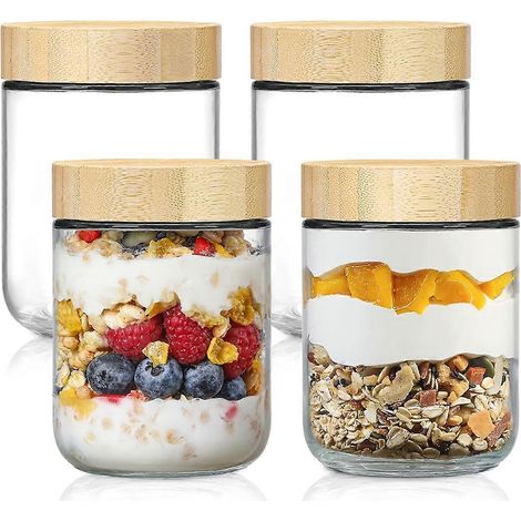 Set aus 4 Glasbehältern mit luftdichten Deckeln, 473 ml (16 oz), für Haferflocken, mit Bambusdeckeln. Aufbewahrungsbehälter für Salate, Joghurt und andere Snacks. (1/5)