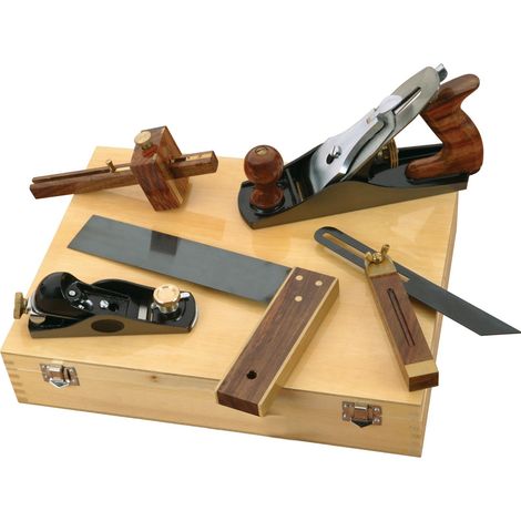 5 Piece Carpenters Woodworking Tool Kit Planes Try Square Bevel + Wooden Case (1/4)
