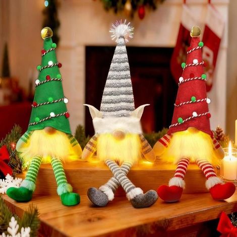 Gnome De Noel Lumineux,3pcs Deco Noël Gnome,Lutin de Noël,Décorations De Lutin Farceur en Peluche,Deco Table Interieur Maison (1/4)