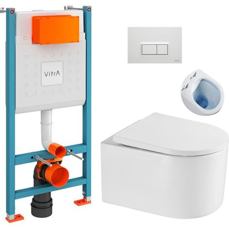 Vitra  Pack inodoro V-Fix + inodoro sin brida SAT Delano + asiento SoftClose + placa, Blanco Brillante (V-FixDelano-1)