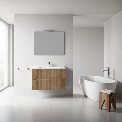 Composizione mobile bagno sospeso con cassetti cm 90 cannettato mod. STICK - Rovere Chiaro (1/4)