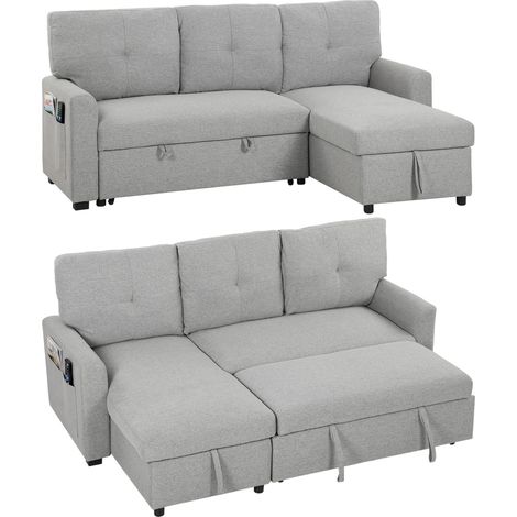 HOMCOM Divano Letto Angolare Estraibile 201cm in Lino con 3 Cuscini, Grigio (1/5)