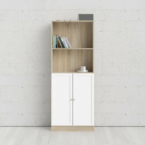 Dmora - Estante para libros Michel, Estante de oficina, Porta libros móvil, Biblioteca, 79x28 h203 cm, Roble y Blanco (1/5)