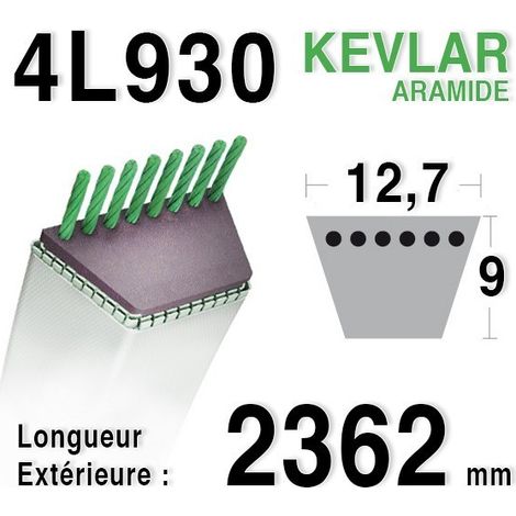 Courroie lisse trapézoïdale 4L930 – Longueur 2362,20 mm (93 pouces) – Largeur 12,7 mm – Pour tondeuses autoportées - m112674