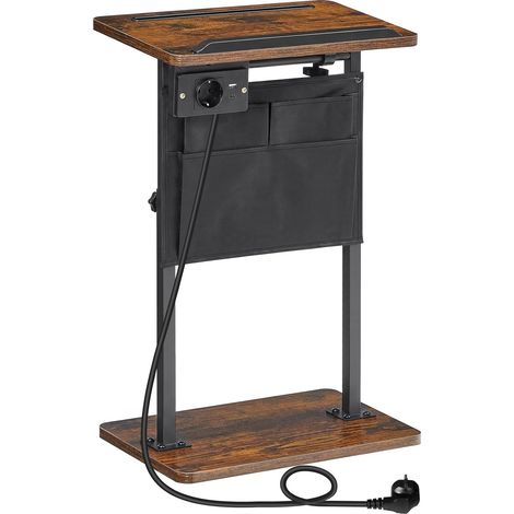 Table d'Appoint Hauteur Réglable de 50,5-75,5cm avec Multiprise, Plateau Inclinable, Table de Chevet à Poches et Fente Téléphone, pour Salon, Chambre, Marron Rustique et Noir (1/5)