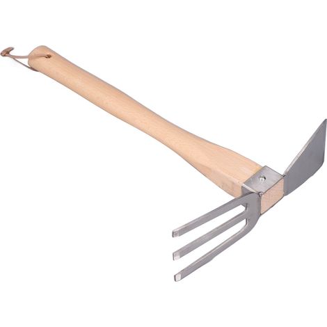 Houe, râteau, outil à main. Simple, pratique, de belle facture. Manche en hêtre, acier inoxydable. Petite houe. (1/5)