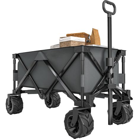 Outdoor Pull Along Cart Folding Cargo Wagon Trailer Trolley for Beach Garden with Handle, Anti-Slip Wheel - Dark Grey