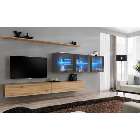 Ensemble mural - Switch XVII - 3 vitrines LED - 2 banc TV - 2 étagères - Bois et graphite - Modèle 1 - Livraison gratuite