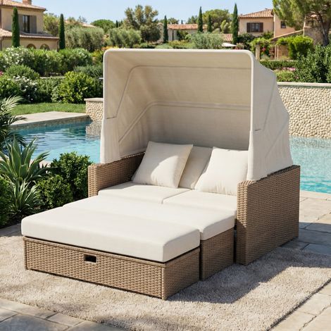 Set di mobili da giardino in PE rattan e poliestere kaki, trasformabile in letto doppio o set lounge con tavolino regolabile (1/5)