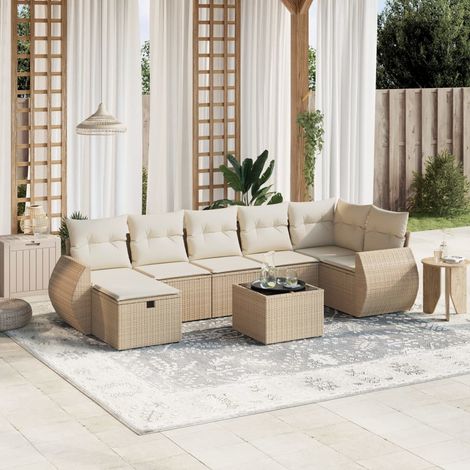 Salon de Jardin 8 Places en Résine Tressée Beige avec Table Verre Trempé et Coussins Lavables (1/4)