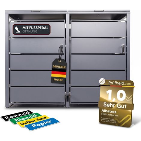 Mülltonnenbox 2er mit Pedal, 120L bis 240L, für Zwei Tonnen, Metallverkleidung aus verzinktem Stahl, Anthrazit Grau RAL7016 (1/5)